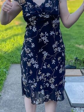 Ombre Vintage Y2K Black Cream Floral Chiffon Cap Sleeve Midi Dress Size 8
